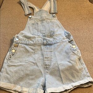 Light Wash Denim Overalls Shorts Elastic Waist Side Fly Buttons SZ S